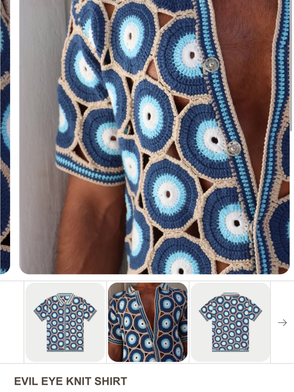 Men’s Crochet Button-Down Shirt Jacket - Blue & Cream Circle Motif — image 2 of 4